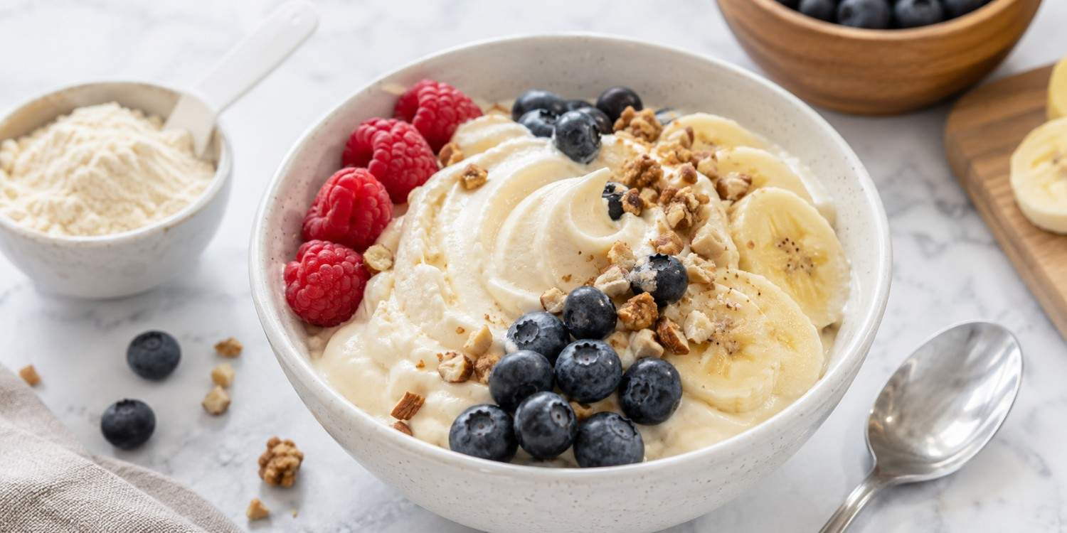 Creamy protein frozen yogurt in a bowl